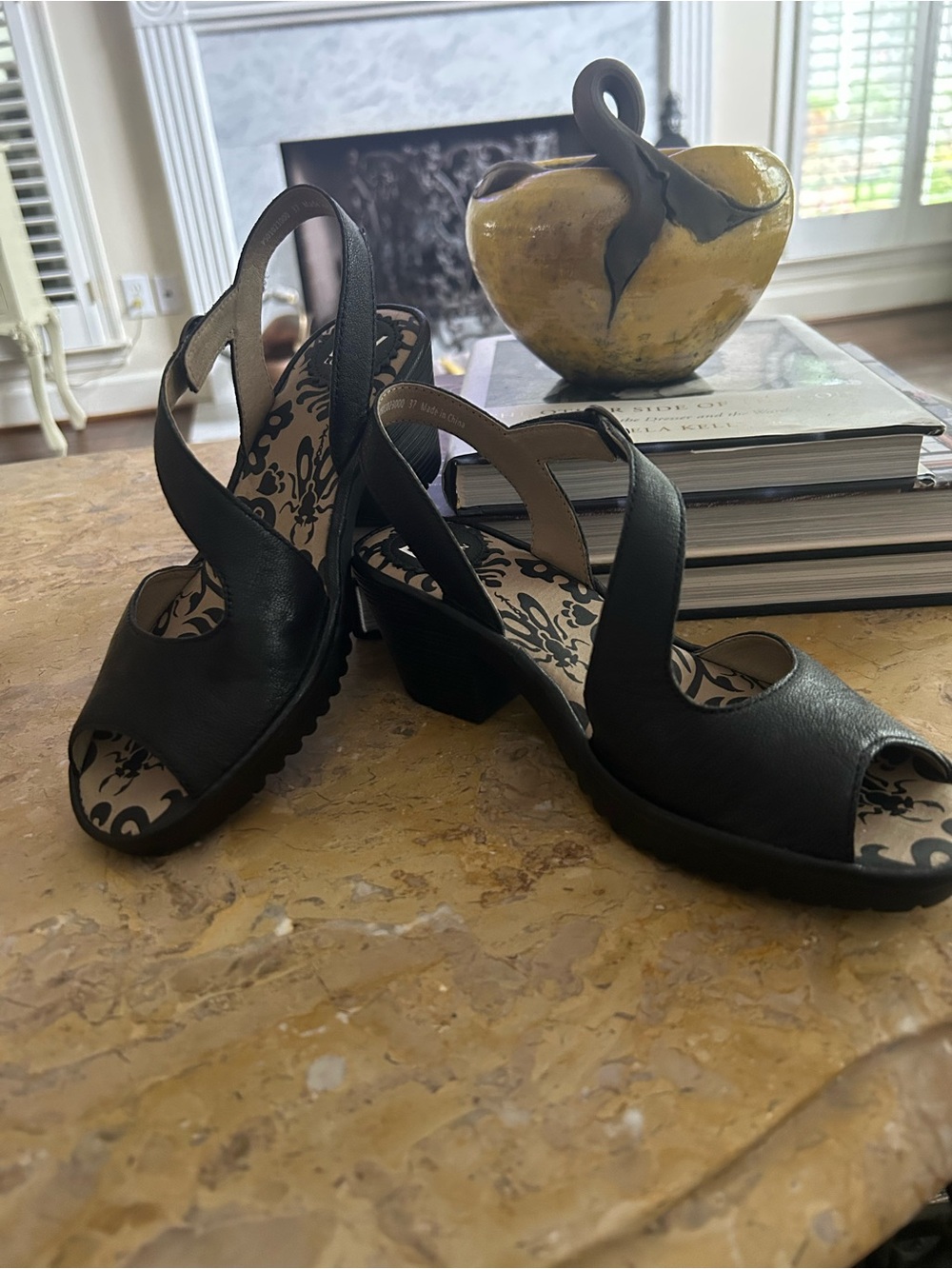 Fly London Black Leather Slingback Heels